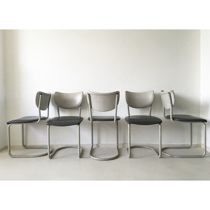 Suite di 10 sedie Gispen in similpelle grigia, Fratelli DE WIT - 1950
