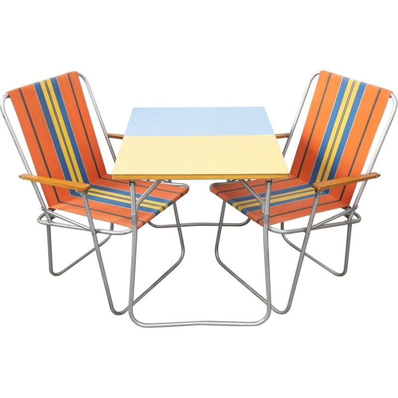 Mid century formica camping table with pair of chairs, Czechoslovakia 1960s