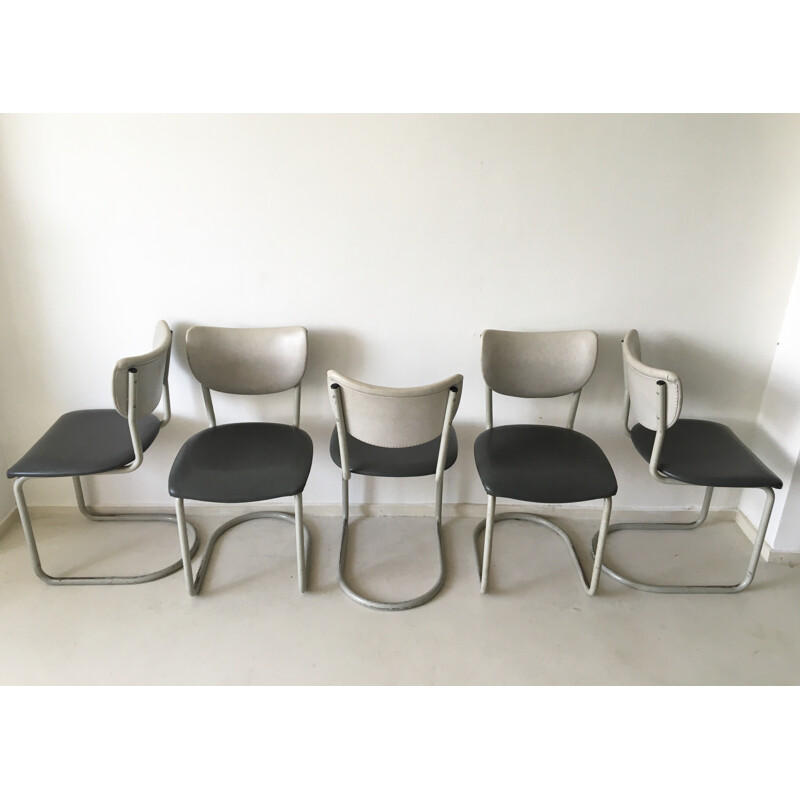 Suite de 10 cadeiras Gispen em pele cinzenta, Brothers DE WIT - 1950
