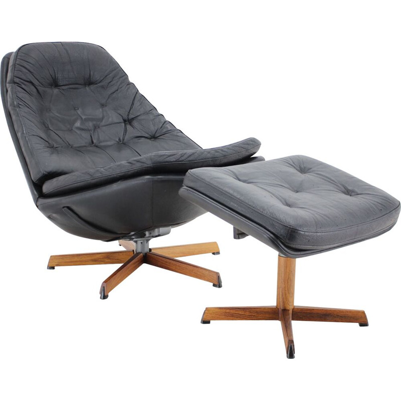Vintage black leather recliner and footrest by Madsen and Schubell, Denmark 1960