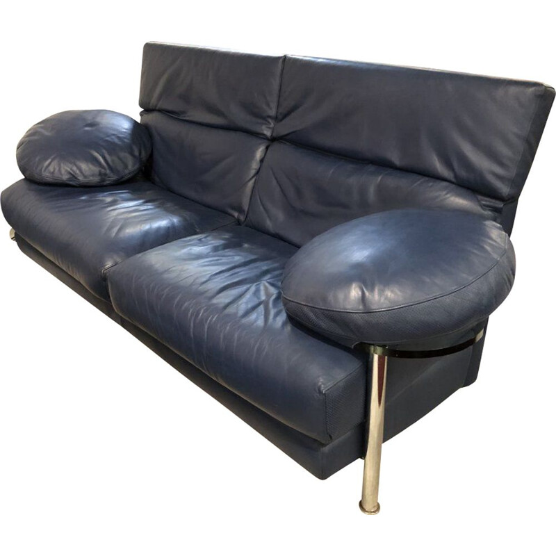 Italienisches Vintage-Sofa aus blauem Leder mit drehbaren Ablagen von Paolo Piva, 1980