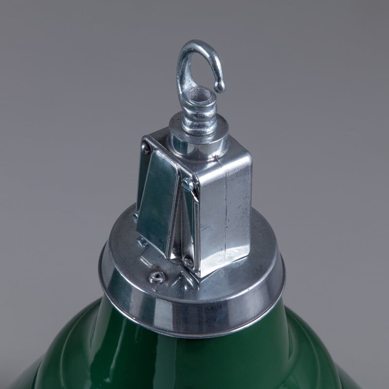 Vintage green pendant lamp with glass enamel shade, UK 1950