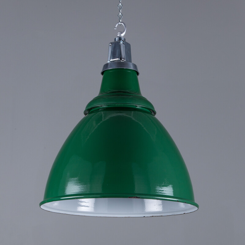 Vintage green pendant lamp with glass enamel shade, UK 1950