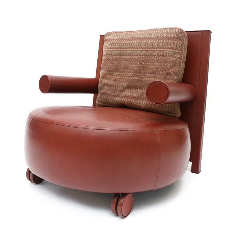 Red brown leather armchair, Antonio Citterio - 1970s