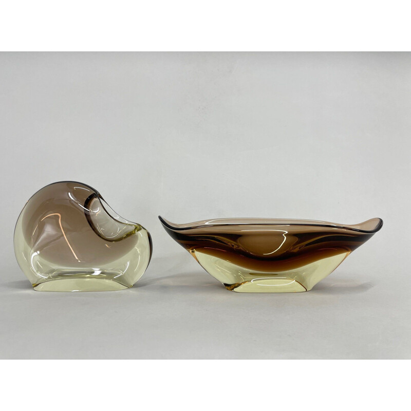 Vintage art glass bowl and ashtray set by Josef Cvrček for Železnobrodské sklo, Czechoslovakia1960