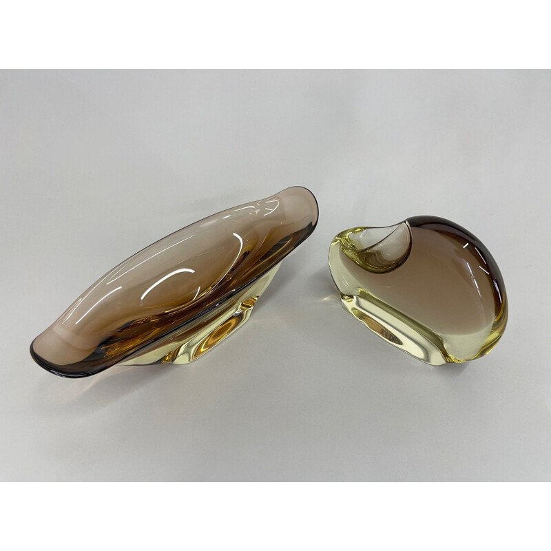 Vintage art glass bowl and ashtray set by Josef Cvrček for Železnobrodské sklo, Czechoslovakia1960