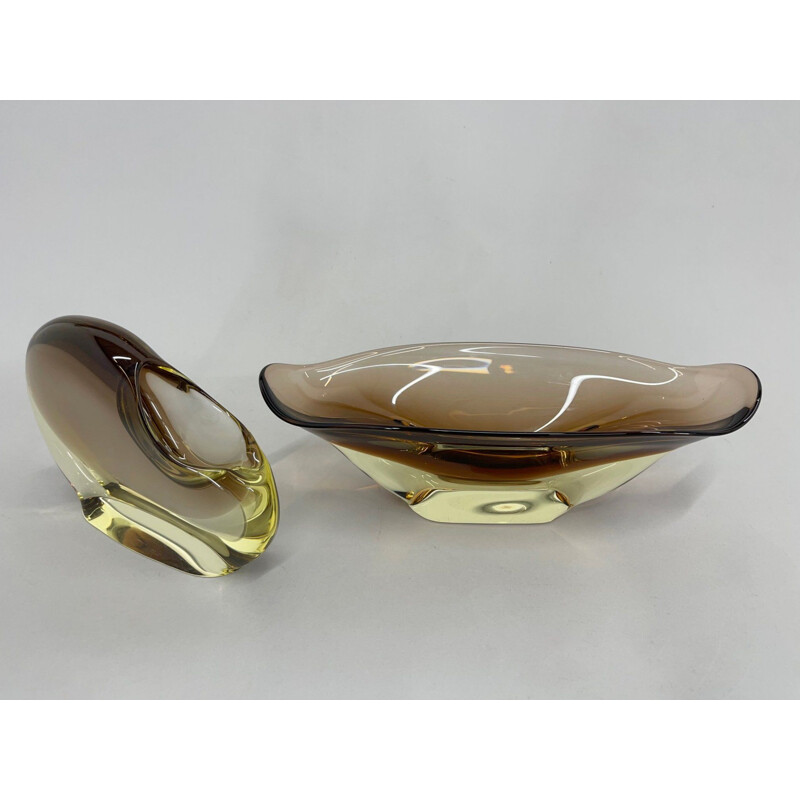 Vintage art glass bowl and ashtray set by Josef Cvrček for Železnobrodské sklo, Czechoslovakia1960