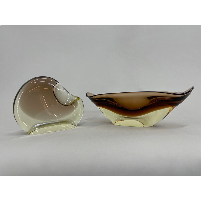 Vintage art glass bowl and ashtray set by Josef Cvrček for Železnobrodské sklo, Czechoslovakia1960
