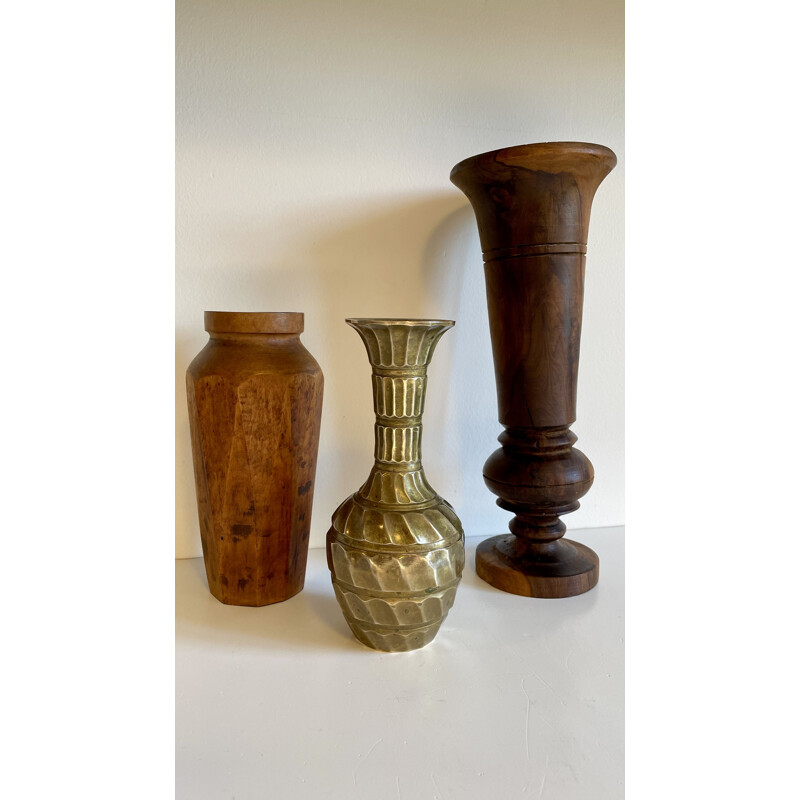 Set of 3 vintage walnut and brass vases