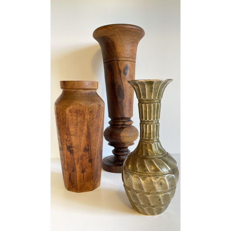 Set of 3 vintage walnut and brass vases