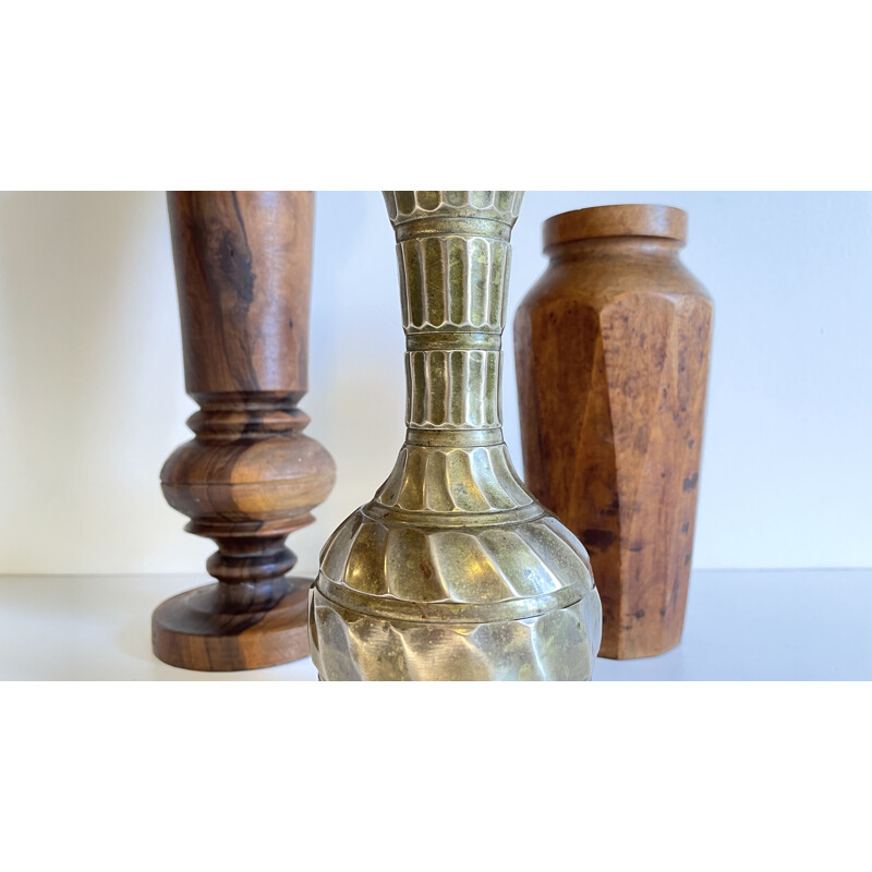 Lot de 3 vases vintage en noyer et laiton