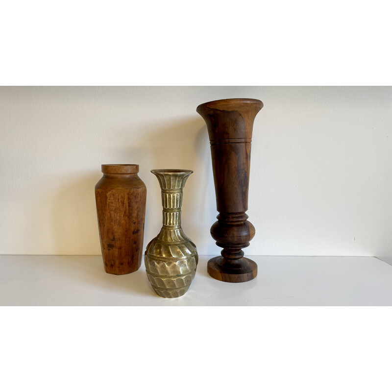 Set of 3 vintage walnut and brass vases