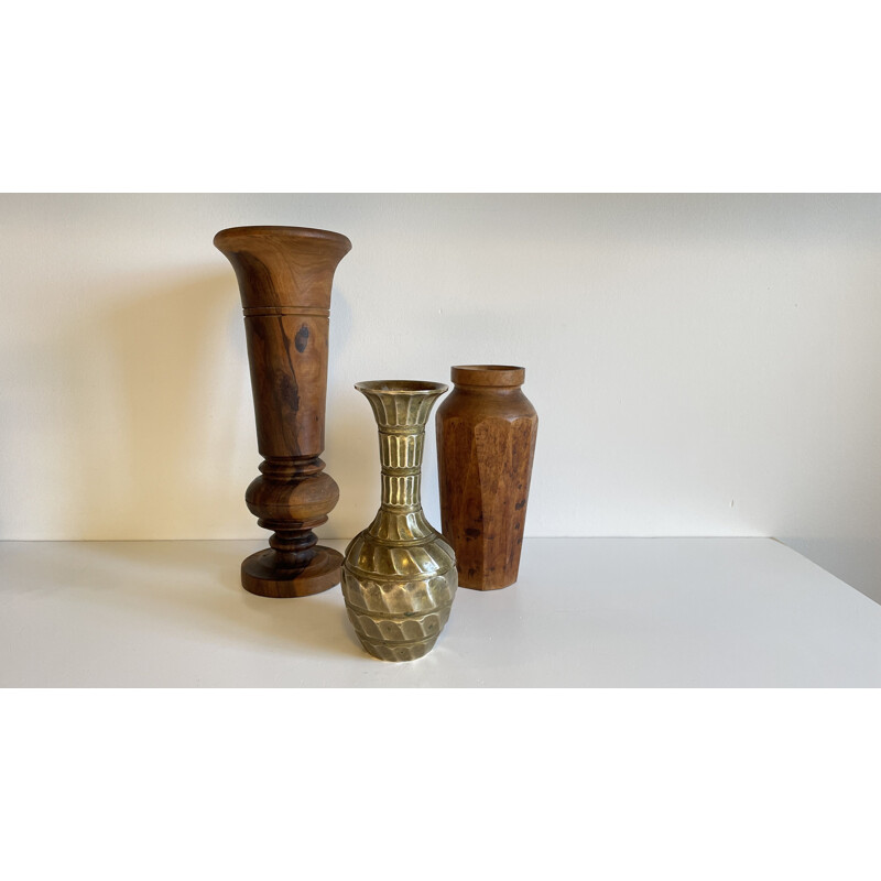 Lot de 3 vases vintage en noyer et laiton