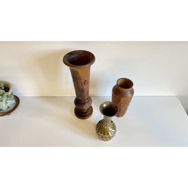 Set of 3 vintage walnut and brass vases