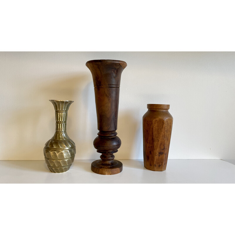 Set of 3 vintage walnut and brass vases