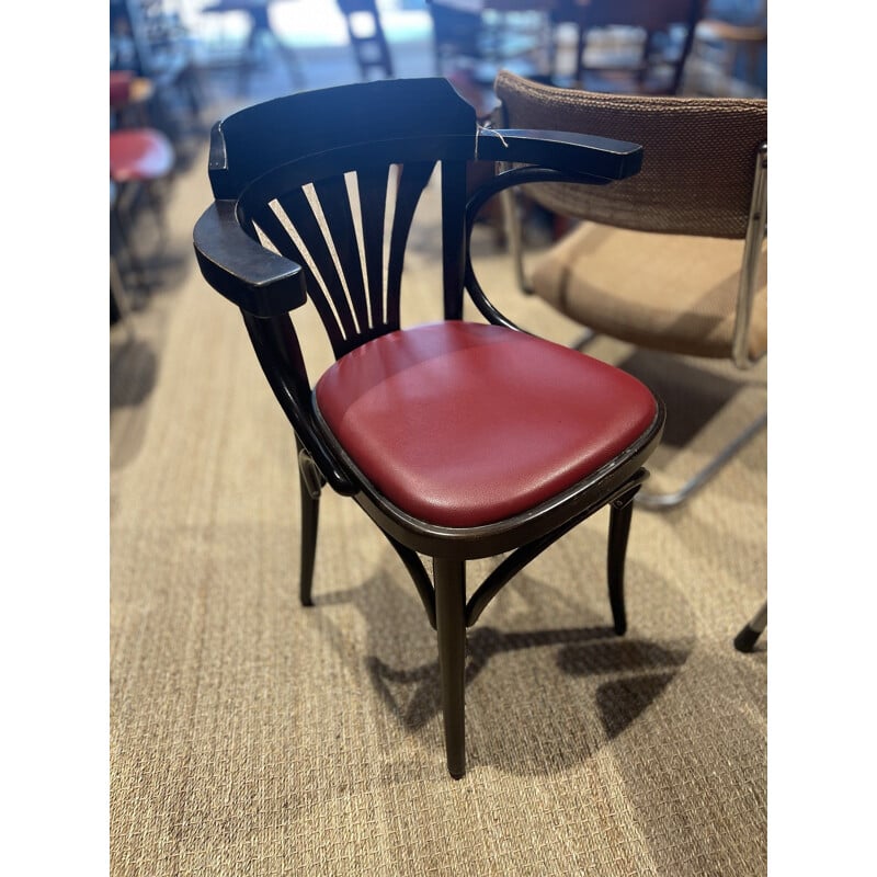 Chaise bistrot vintage en wengé et skaï rouge bordeaux par Ton