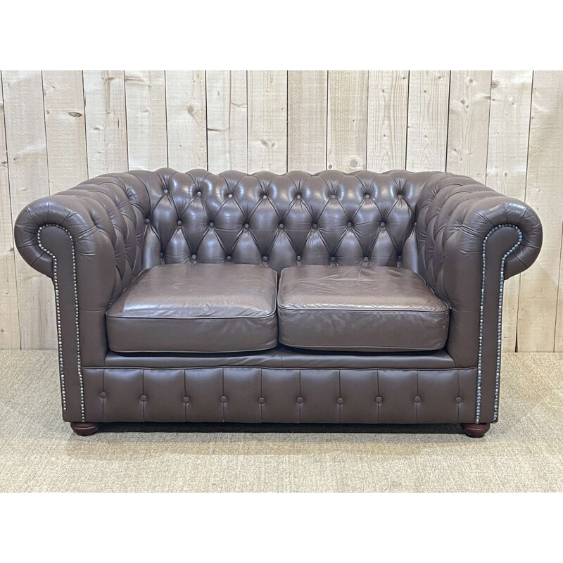 Vintage Chesterfield 2-seater sofa in brown leather, 1980s