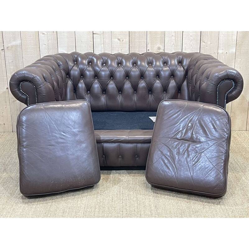 Divano Chesterfield a 2 posti in pelle marrone, 1980