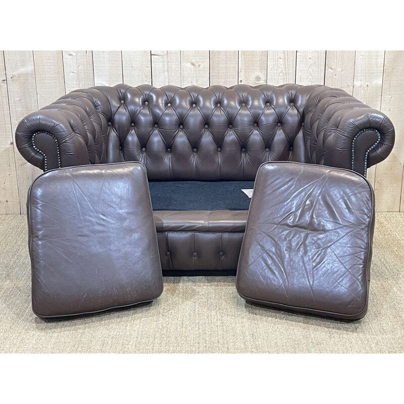 Vintage Chesterfield 2-seater sofa in brown leather, 1980s