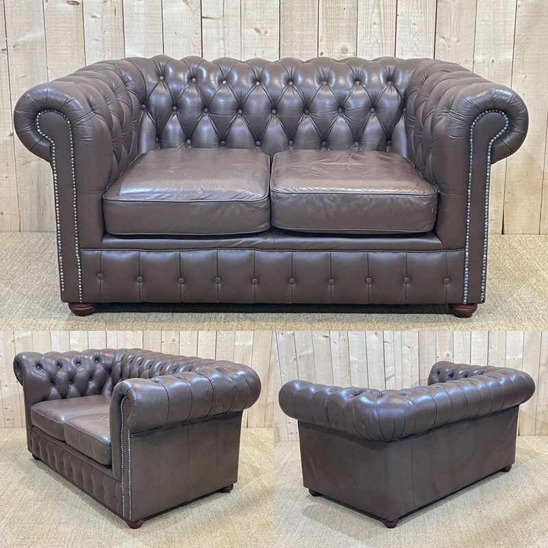 Vintage Chesterfield 2-seater sofa in brown leather, 1980s