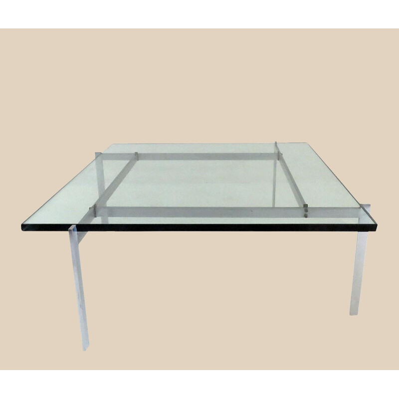 Vintage glass and steel coffee table Pk61 by Poul Kjaerholm for Kold Christensen, 1960