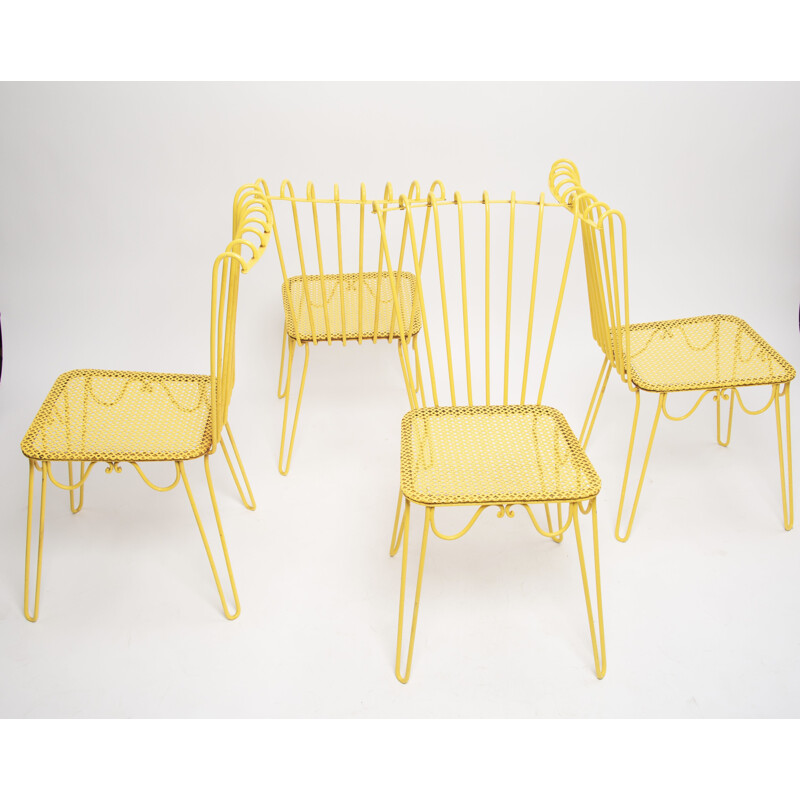 Satz von 4 gelben Vintage-Stühlen aus Schmiedeeisen von Matthieu Mattegot