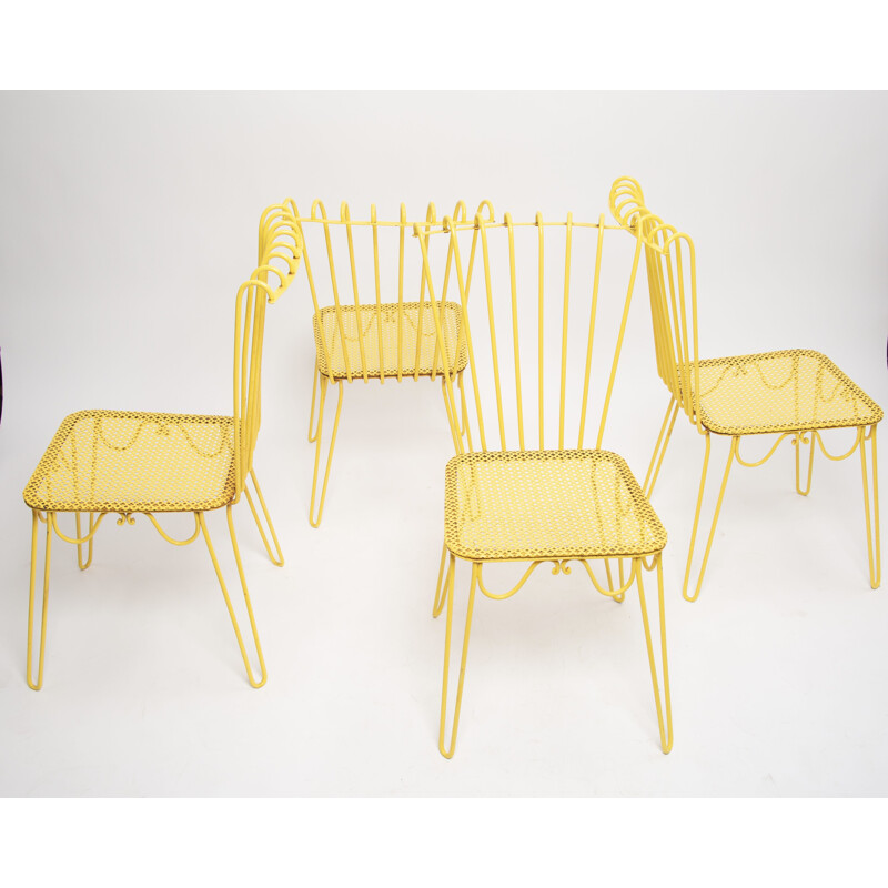 Set of 4 vintage yellow wrought iron chairs by Matthieu Mattegot