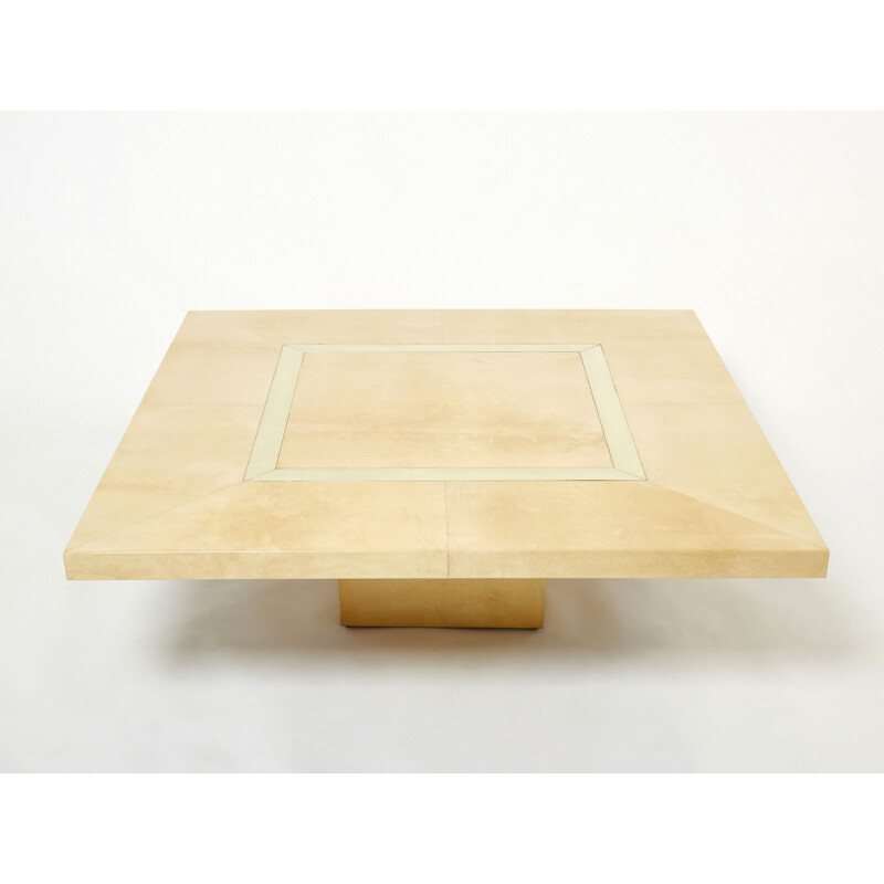 Vintage beige parchment and brass coffee table by Aldo Tura, 1960