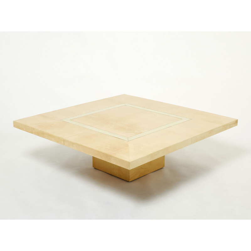 Vintage beige parchment and brass coffee table by Aldo Tura, 1960