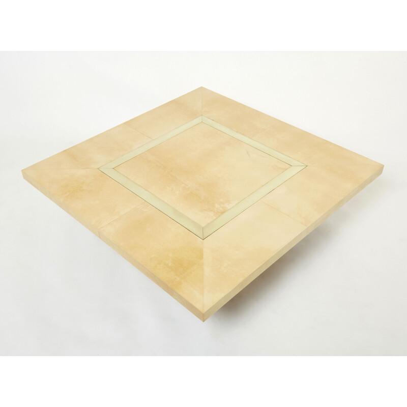 Vintage beige parchment and brass coffee table by Aldo Tura, 1960