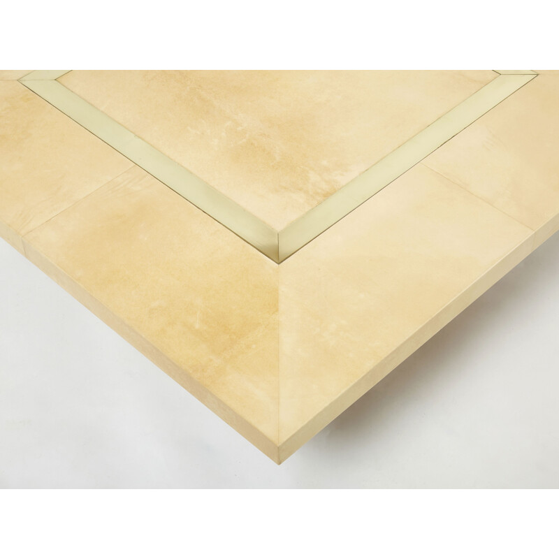 Vintage beige parchment and brass coffee table by Aldo Tura, 1960