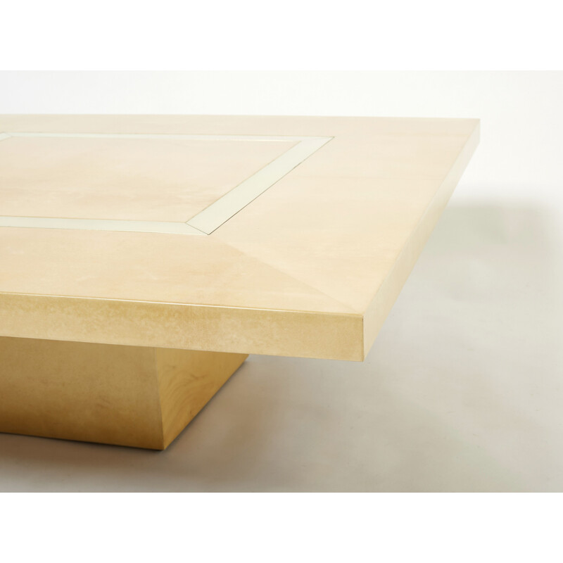 Vintage beige parchment and brass coffee table by Aldo Tura, 1960