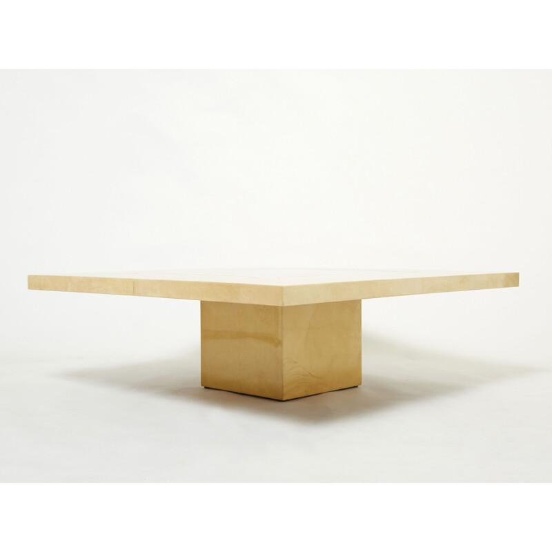 Vintage beige parchment and brass coffee table by Aldo Tura, 1960