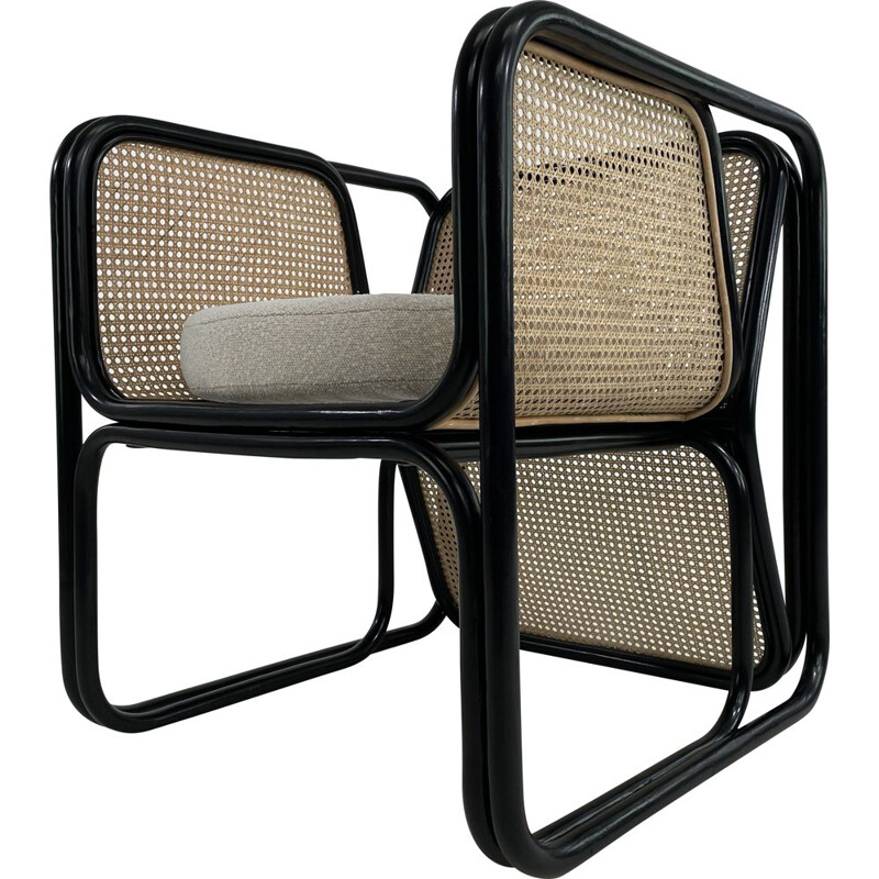 Vintage chair in black lacquered curved rattan and natural cane