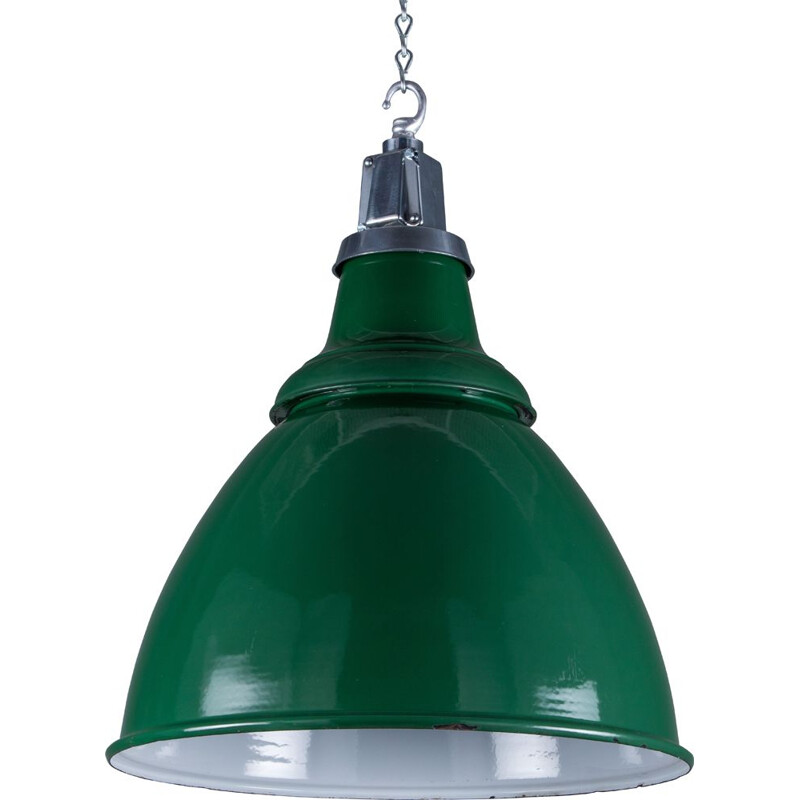 Vintage green pendant lamp with glass enamel shade, UK 1950