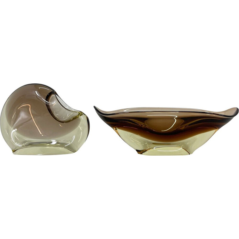 Vintage art glass bowl and ashtray set by Josef Cvrček for Železnobrodské sklo, Czechoslovakia1960