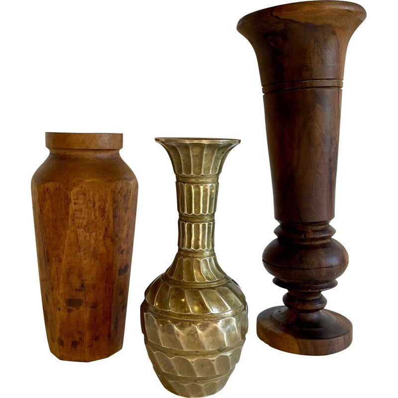 Set of 3 vintage walnut and brass vases