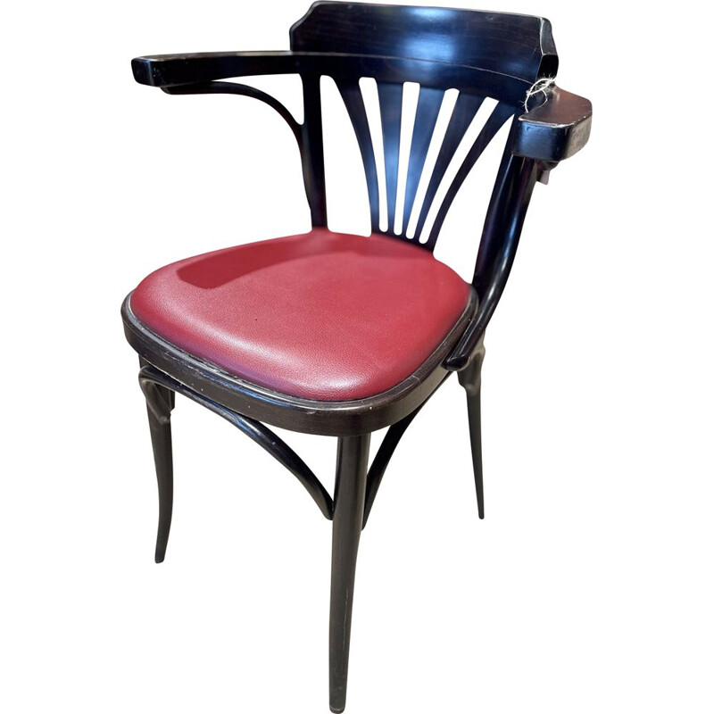 Chaise bistrot vintage en wengé et skaï rouge bordeaux par Ton