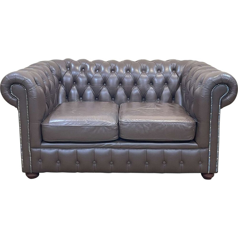 Vintage Chesterfield 2-seater sofa in brown leather, 1980s