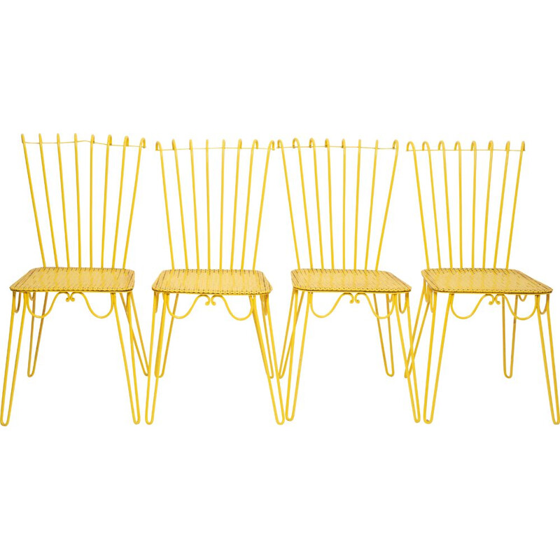 Set of 4 vintage yellow wrought iron chairs by Matthieu Mattegot