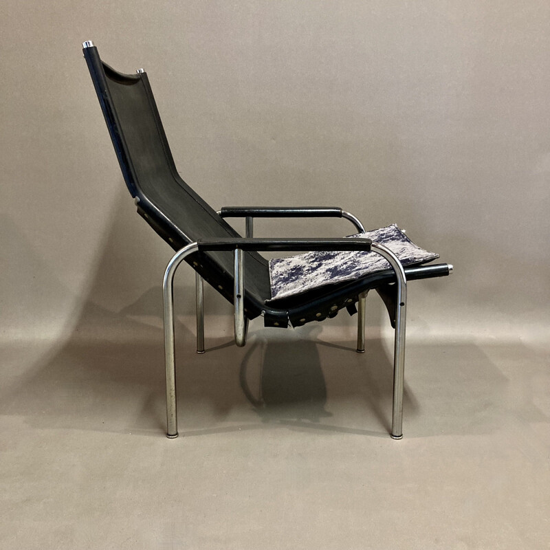 Vintage black leather reclining armchair, 1960s