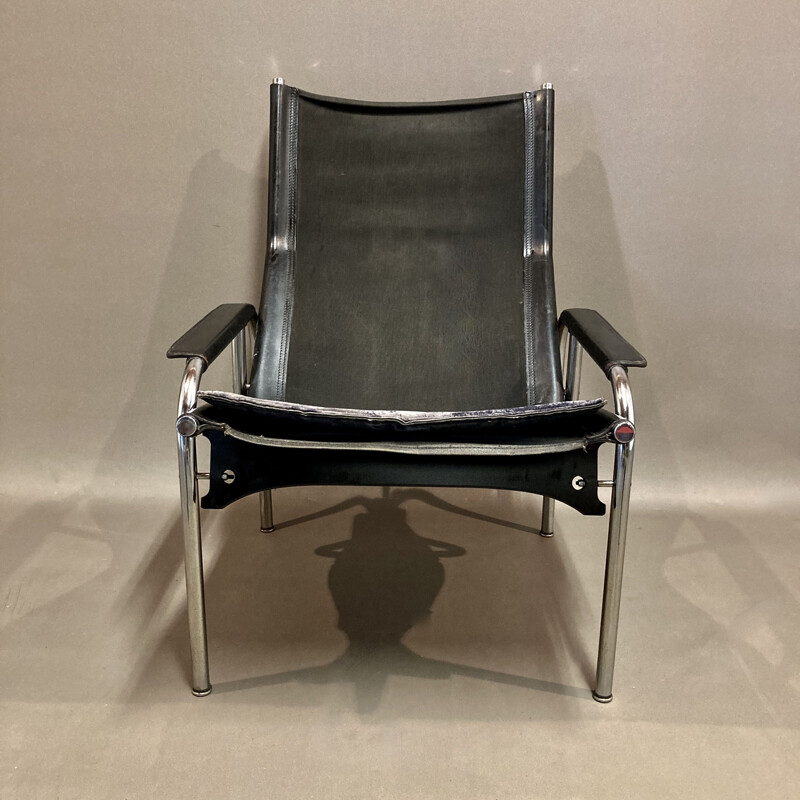 Vintage black leather reclining armchair, 1960s