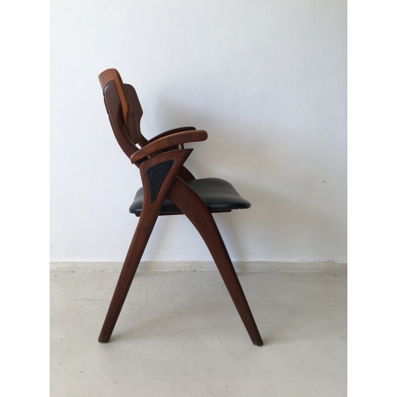 Scandinavian armchair in black leatherette and teak - 1950s