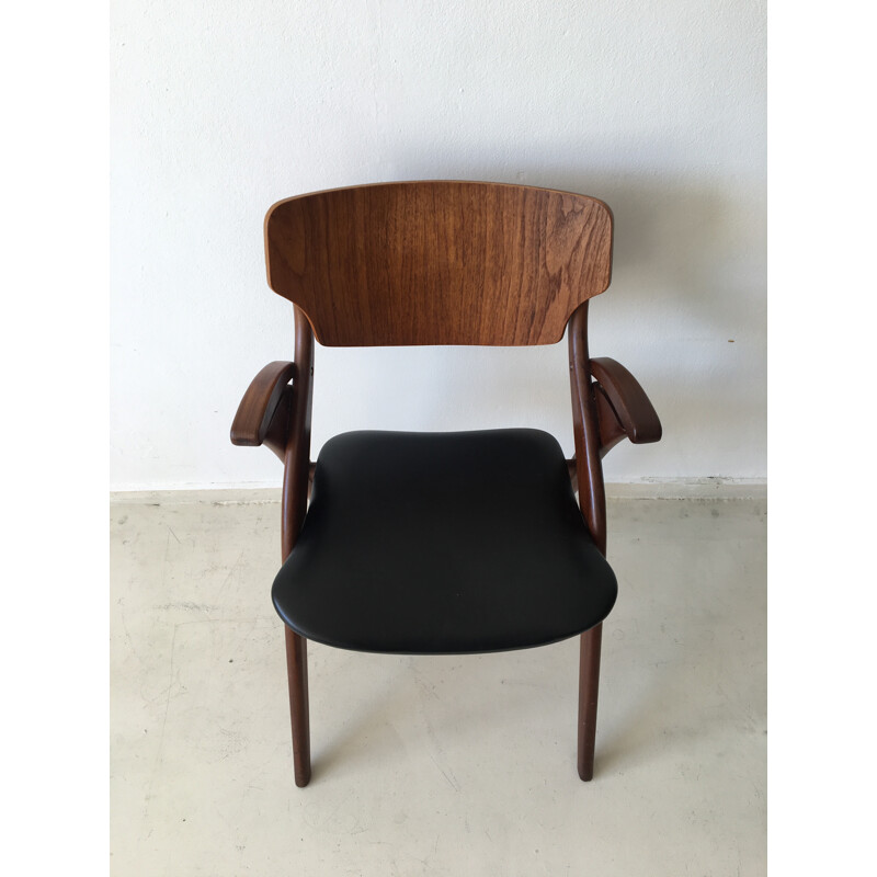 Scandinavian armchair in black leatherette and teak - 1950s