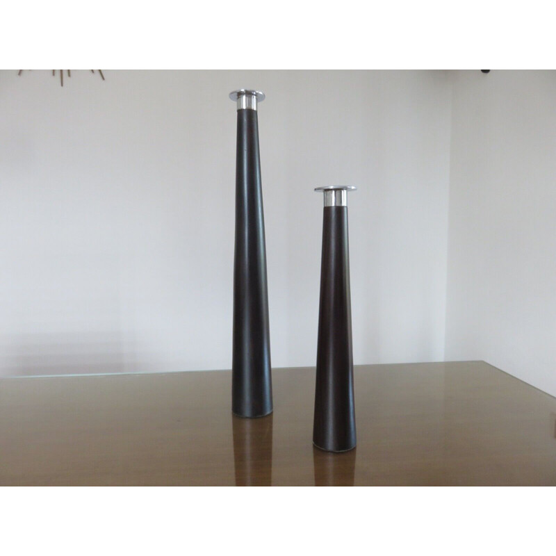 Pair of vintage Scandinavian rosewood and chrome-plated metal candleholders, 1970