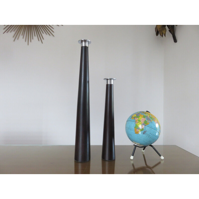 Pair of vintage Scandinavian rosewood and chrome-plated metal candleholders, 1970