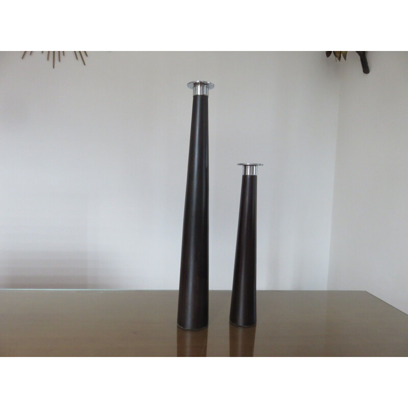 Pair of vintage Scandinavian rosewood and chrome-plated metal candleholders, 1970