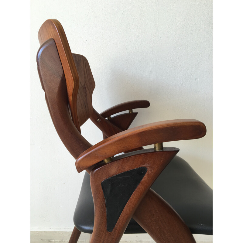 Scandinavian armchair in black leatherette and teak - 1950s