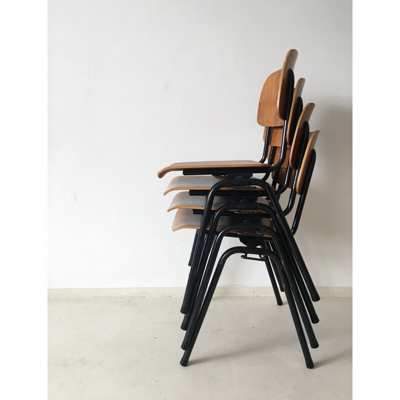 Set of 4 industrial Marko Holland chairs in wood and black metal - 1960s
