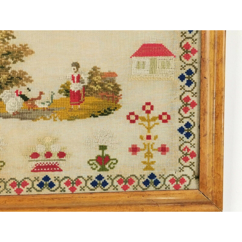 Vintage Victorian wool sampler in a maple frame